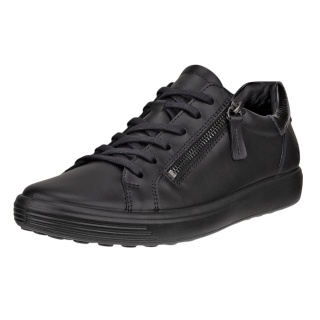 ECCO Soft 7 Side Zip Lace Sneakers (Premium Full-Grain Leather) black ladies