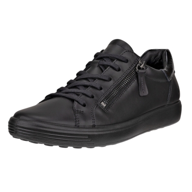 ECCO Soft 7 Side Zip Lace Sneakers (Premium Full-Grain Leather) black ladies