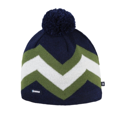 Kama knitted hat (pom-pom) A179 Merino - navy blue/green/white - 1 piece