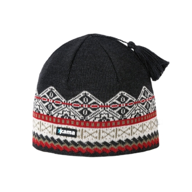 Kama knitted hat (pom-pom) A187 Merino - graphite grey/white/red - 1 piece