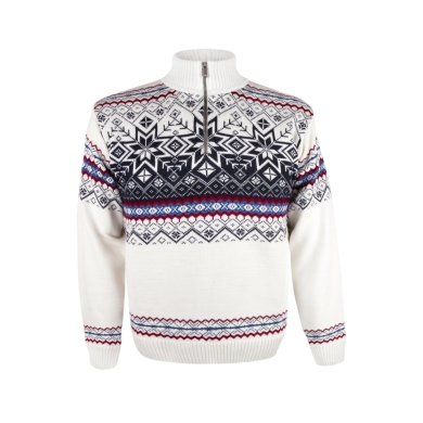 Kama Sweater Pullover 4071 Half Zip with Nordic Pattern (Merino Wool Blend) white Men's