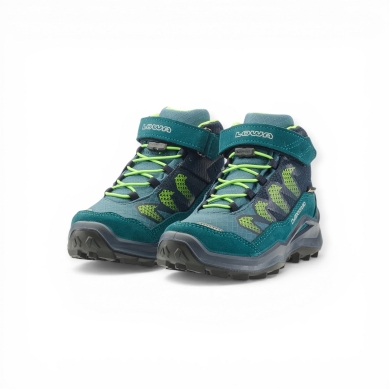 Lowa Maddox Pro Mid GTX Velcro Junior Hiking Shoes (Textile/Suede, Velcro Fastening, Waterproof) petrol green/lime Children