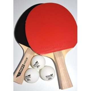 Butterfly Table Tennis Drive Set - 2 Rackets, Addoy Rubber 1.0 mm, concave grip shape and 3 training balls
