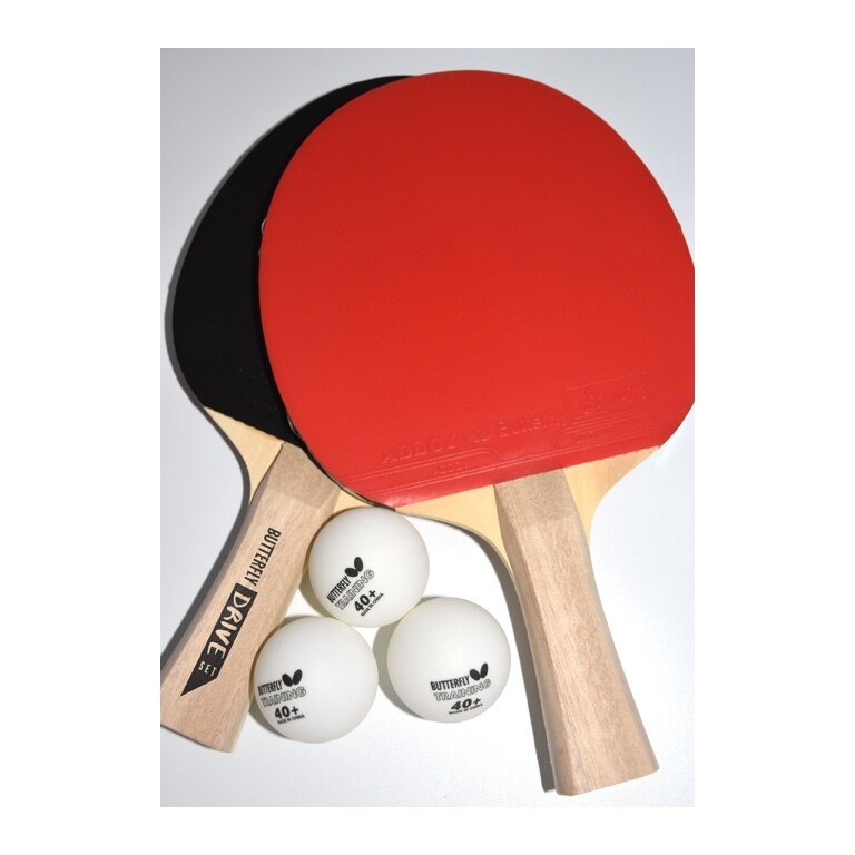 Butterfly Table Tennis Drive Set - 2 Rackets, Addoy Rubber 1.0 mm, concave grip shape and 3 training balls