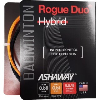 Stringing with Ashaway Rogue Duo Hybrid badminton string 0.68/0.61 black/orange