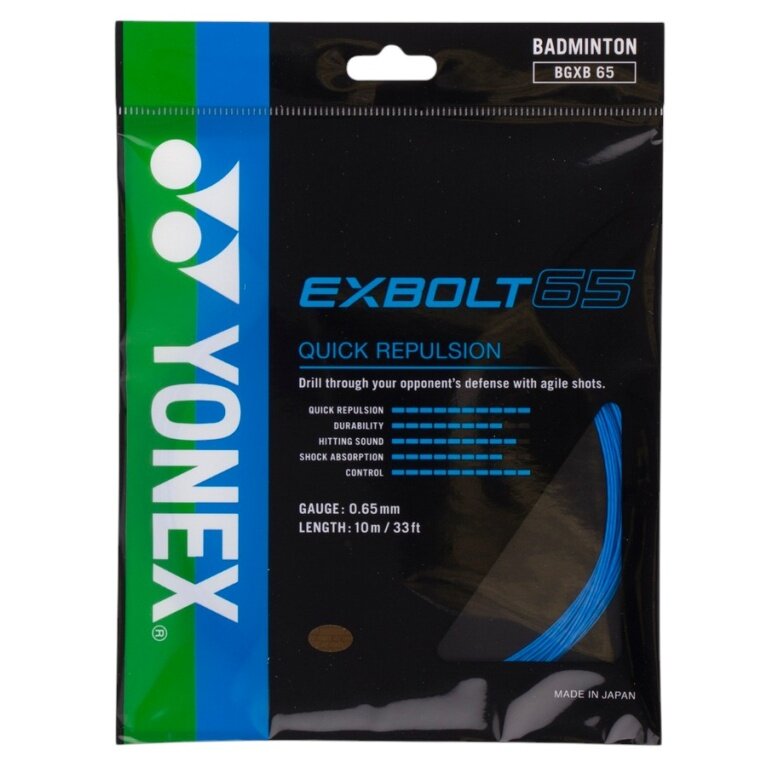 Stringing with badminton string Yonex Exbolt 65 blue