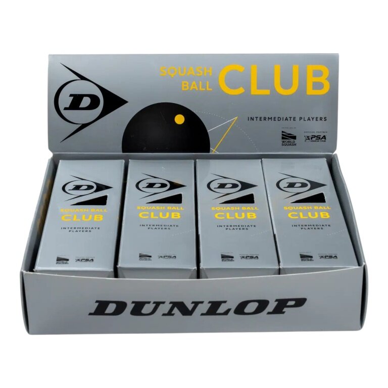 Dunlop Squash Ball Club (yellow dot, slow speed) black - 4x3 balls (12 pieces) in a box