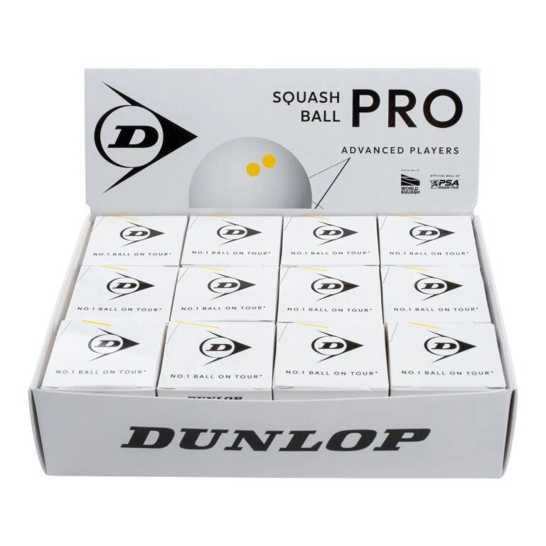 Dunlop Squashball Pro (2 yellow dots, very slow speed) <b>WHITE</b> - 12 pack in a box