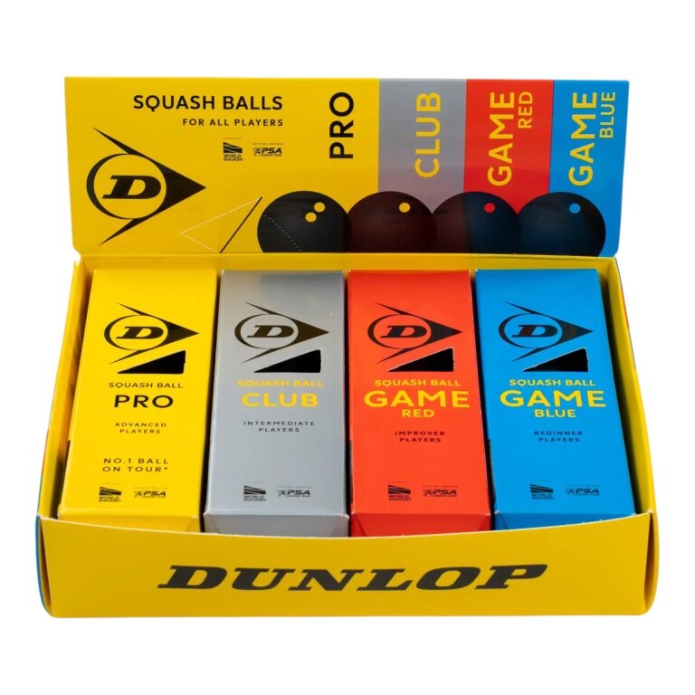 Dunlop Squashball Mix (Pro, Club, Game Red, Game Blue) black - 4x3 balls (12 pieces) in a box