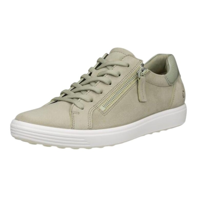 ECCO Soft 7 Side Zip Lace Sneakers (Premium Full-Grain Leather) Olive Green Ladies