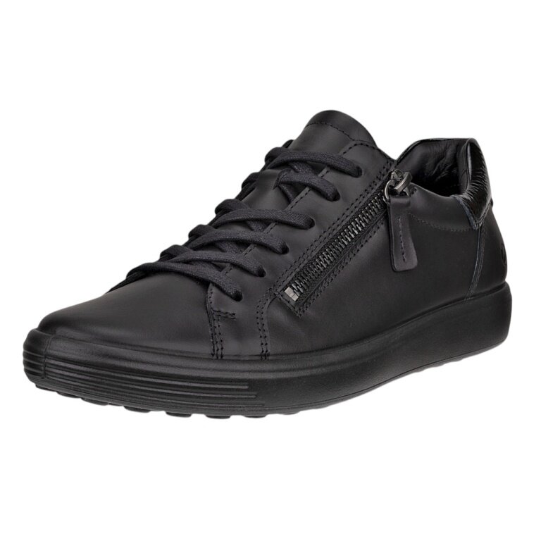 ECCO Soft 7 Side Zip Lace Sneakers (Premium Full-Grain Leather) black ladies