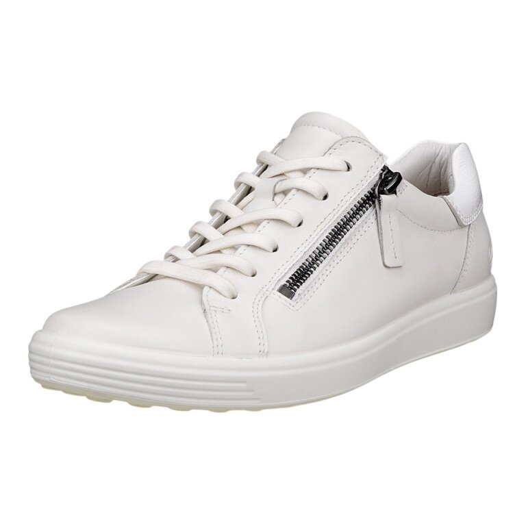 ECCO Soft 7 Side Zip Lace Sneakers (Premium Full-Grain Leather) white ladies