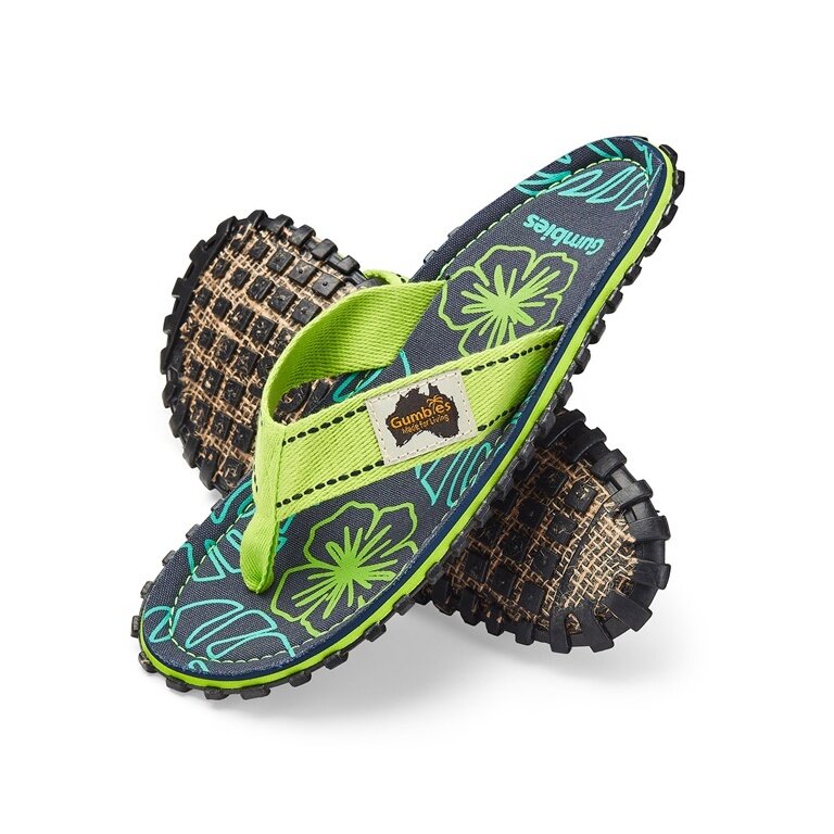 Gumbies Toe Sandals Original Flip Flops Lime Hibiscus lime green