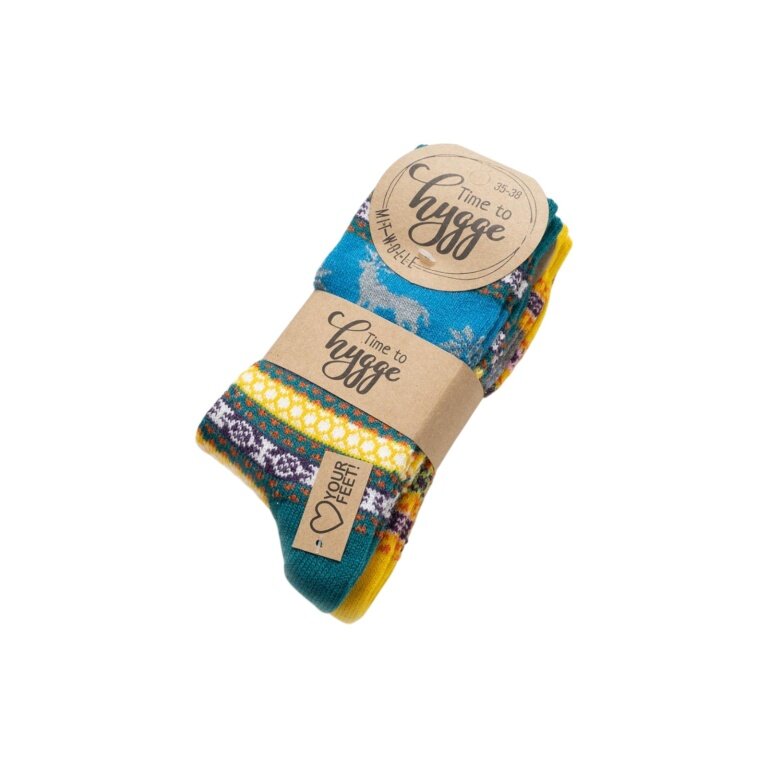 HomeOfSocks Wool Socks Hygge with Moose Design Multicoloured Petrol/Yellow Ladies - 2 Pairs