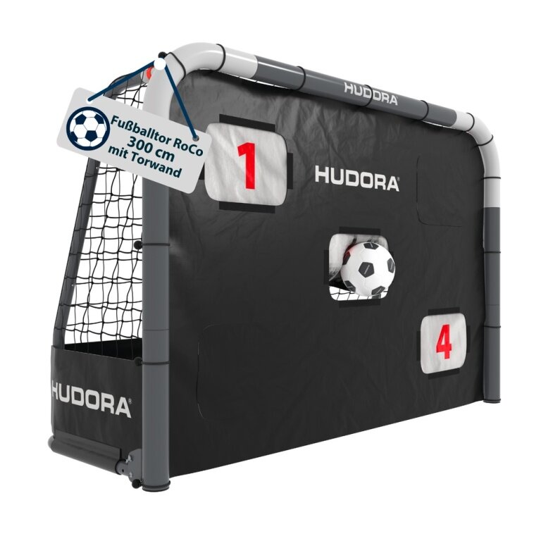 Hudora Football Goal RoCo 300 with Target Wall (high quality, stable net and ground anchoring, score counter) black - 300x200x120cm