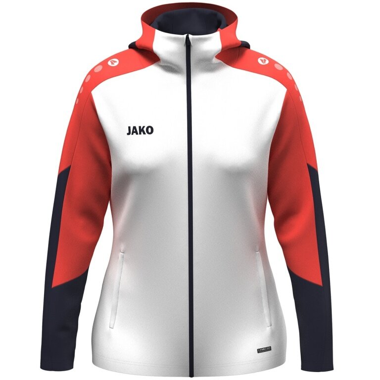 JAKO Hooded Jacket Dynamic (Polyester Fleece, Side Pockets with Zipper) white/coral red/navy blue Ladies