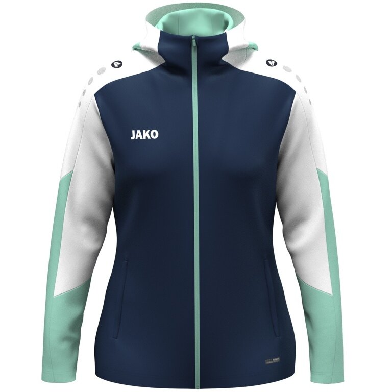JAKO Hooded Jacket Dynamic (Polyester Fleece, Side Pockets with Zipper) navy blue/white/mint green Ladies