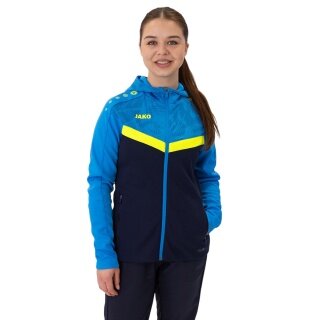 JAKO Iconic Hooded Jacket (Polyester Fleece, Side Pockets with Zipper) navy blue/light blue/yellow Ladies