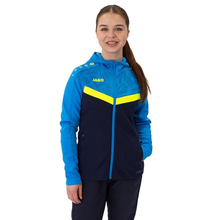 JAKO Iconic Hooded Jacket (Polyester Fleece, Side Pockets with Zipper) navy blue/light blue/yellow Ladies