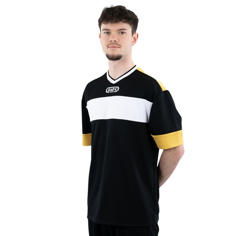 JAKO Sport T-shirt Club 92 Jersey (V-neck, Retro Charm, Oversized Cut) short-sleeved black/white/yellow men's