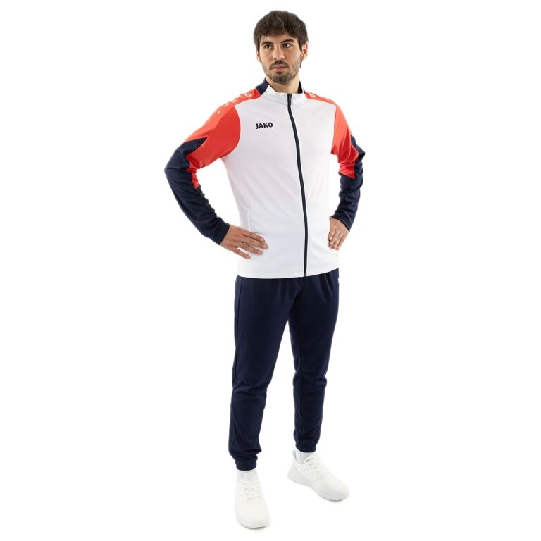 JAKO Training Suit Polyester Dynamic (Jacket and Trousers, sporty cut) white/coral red/navy blue Men's