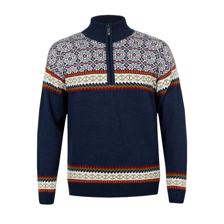 Kama Sweater Pullover 4097 Half Zip with Nordic Pattern (Merino Wool, very warm) navy blue Men's