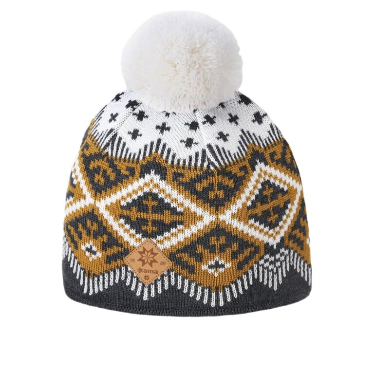 Kama knitted hat (pom-pom) A186 Kamakadze Merino - ladies graphite grey/yellow/white - 1 piece