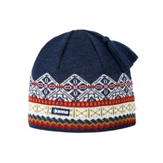Kama knitted hat (pom-pom) A187 Merino - navy blue/white/red - 1 piece
