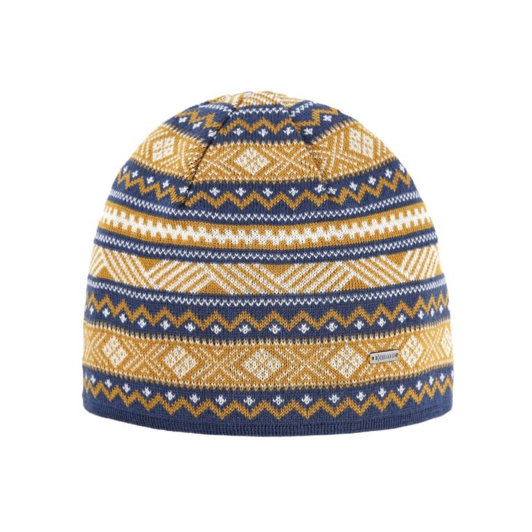 Kama knitted hat (beanie) A174 Merino - ladies light blue/white/yellow - 1 piece
