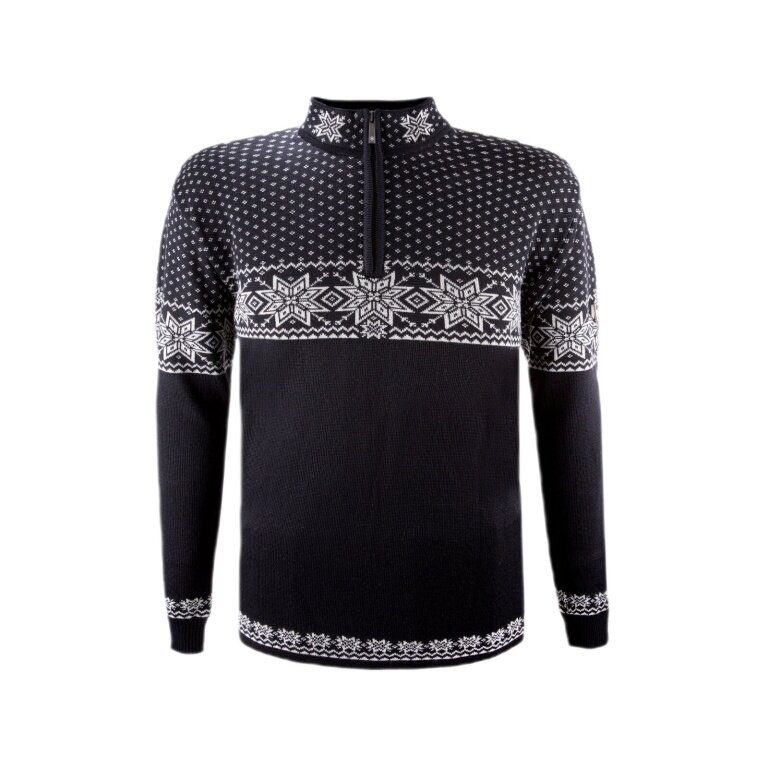Kama Sweater Pullover 4053 Half Zip with Nordic Pattern (Merino Wool) black Men's
