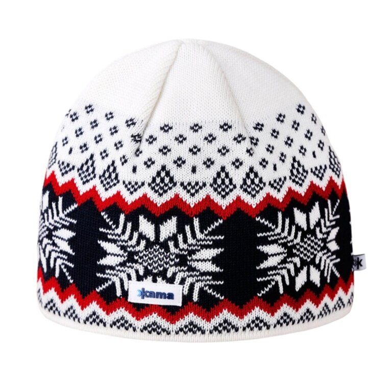 Kama knitted hat (beanie) A137 Merino - white/red/navy blue - 1 piece