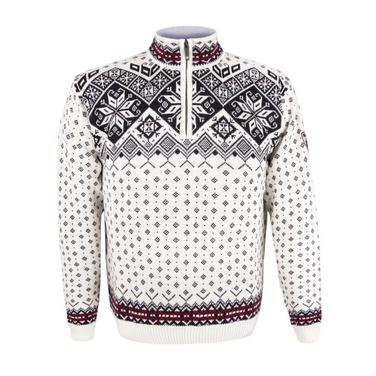 Kama Sweater Pullover 4082 Half Zip with Nordic Pattern (Merino Wool) white Men's
