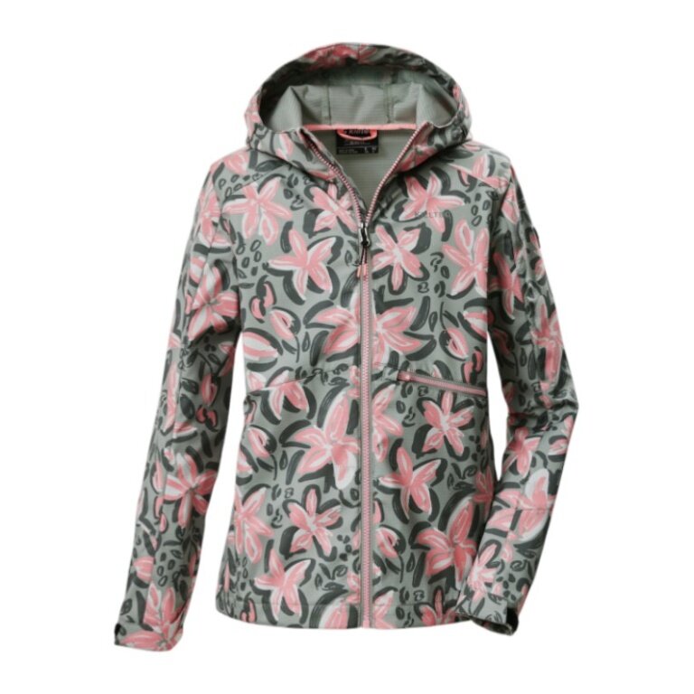 Killtec Softshell Jacket KOS 154 (with hood, windproof, water-repellent) natural green/pink girls