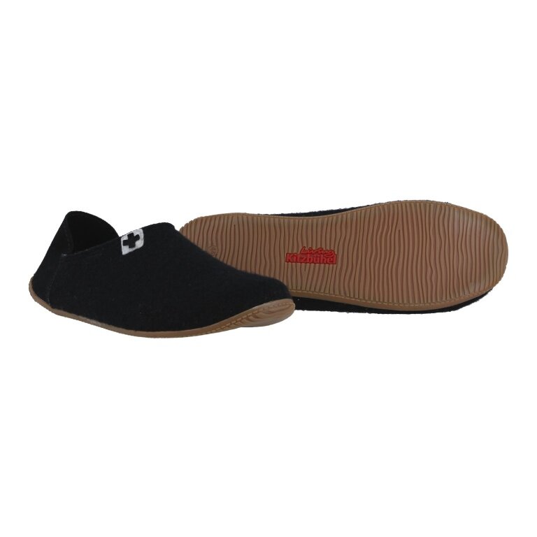 Living Kitzbühel Slippers with Leather Cap (70% Wool) Swiss Cross Black (Size 41-48)
