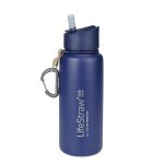 LifeStraw Water Bottle Go Stainless Steel with Water Filter, Lid with Silicone Mouthpiece, Carabiner Blue - 650 ml