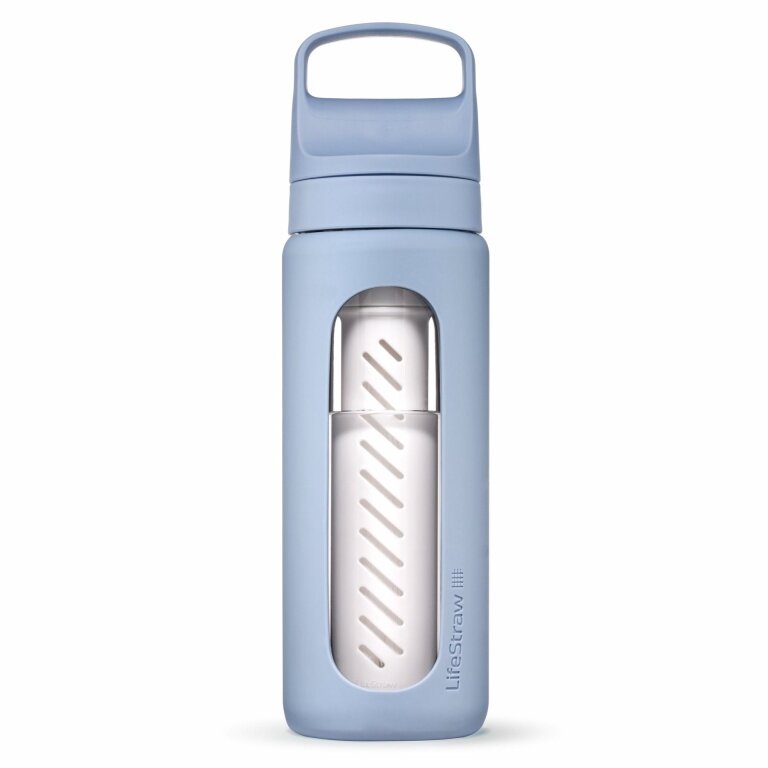 LifeStraw Go Glass Water Bottle with Water Filter, Closure with Silicone Mouthpiece BPA Free Light Blue - 600 ml