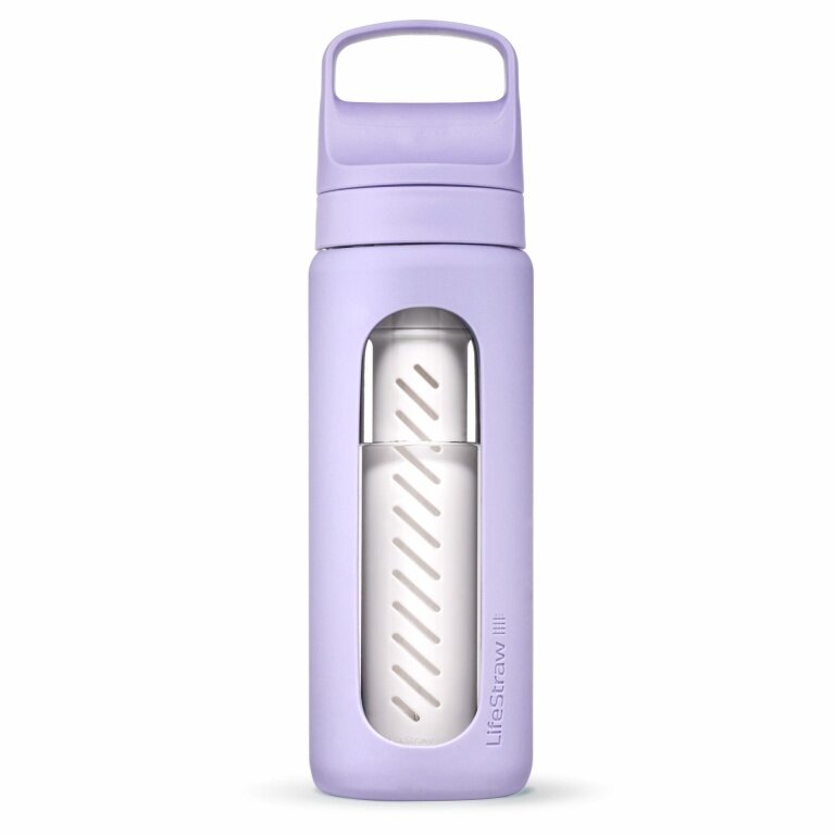 LifeStraw Go Glass Water Bottle with Water Filter, Closure with Silicone Mouthpiece BPA Free Purple - 600 ml