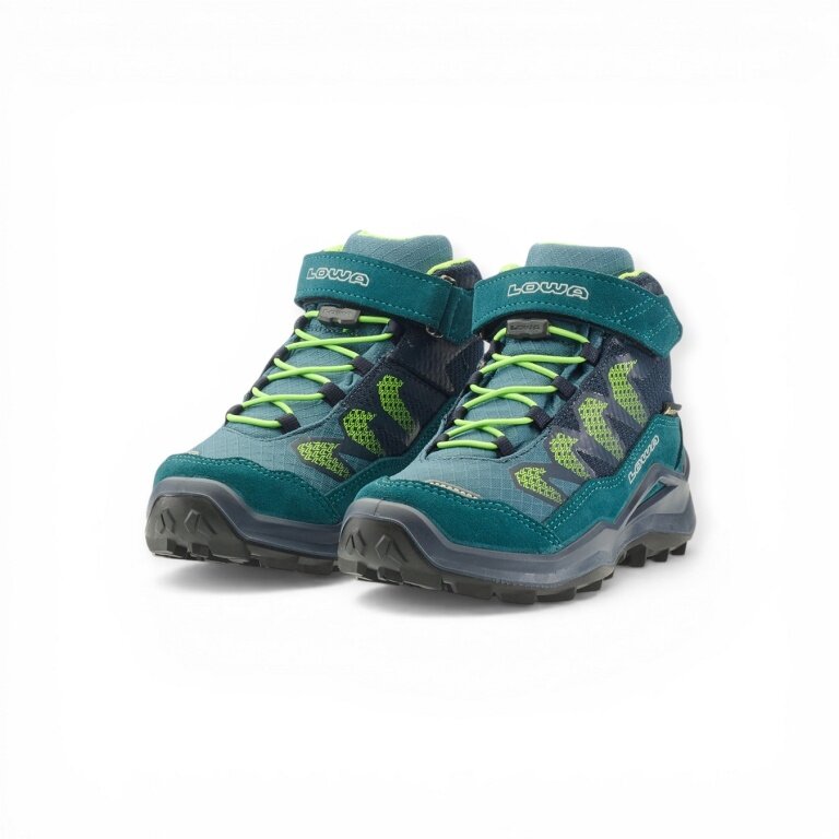 Lowa Maddox Pro Mid GTX Velcro Junior Hiking Shoes (Textile/Suede, Velcro Fastening, Waterproof) petrol green/lime Children
