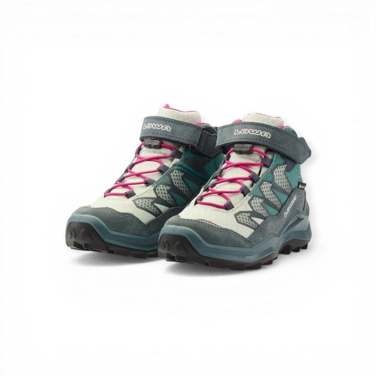 Lowa Maddox Pro Mid GTX Velcro Junior Hiking Shoes (Textile/Suede, Velcro Fastening, Waterproof) petrol/pink Children