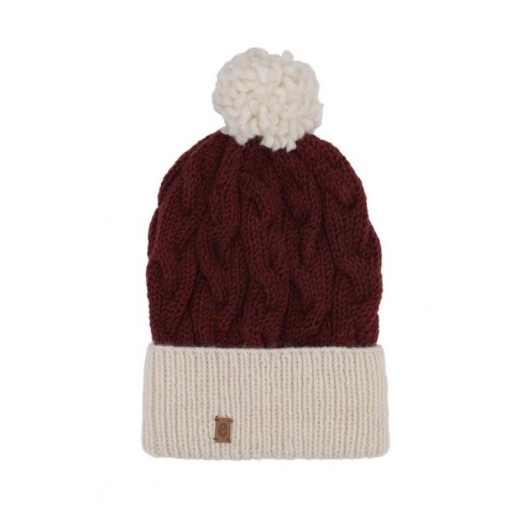 Medima Winter hat with pom pom - Merino wool, ribbed structure, cuff - burgundy/red - 1 piece