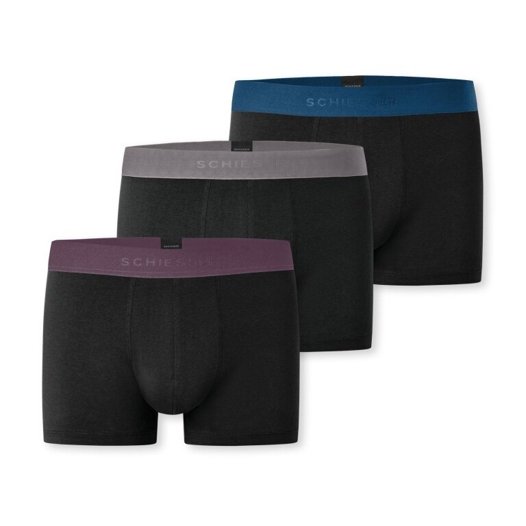 Schiesser Underwear Boxer Shorts 95/5 Organic Cotton Woven Elastic Waistband Black with Blue/Taupe/Purple Men's - 3 Pieces