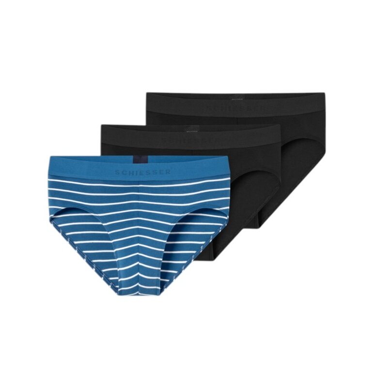 Schiesser Rio Slip Organic Cotton Web Elastic Waistband (Briefs) blue/black plain/striped men's - 3 pieces