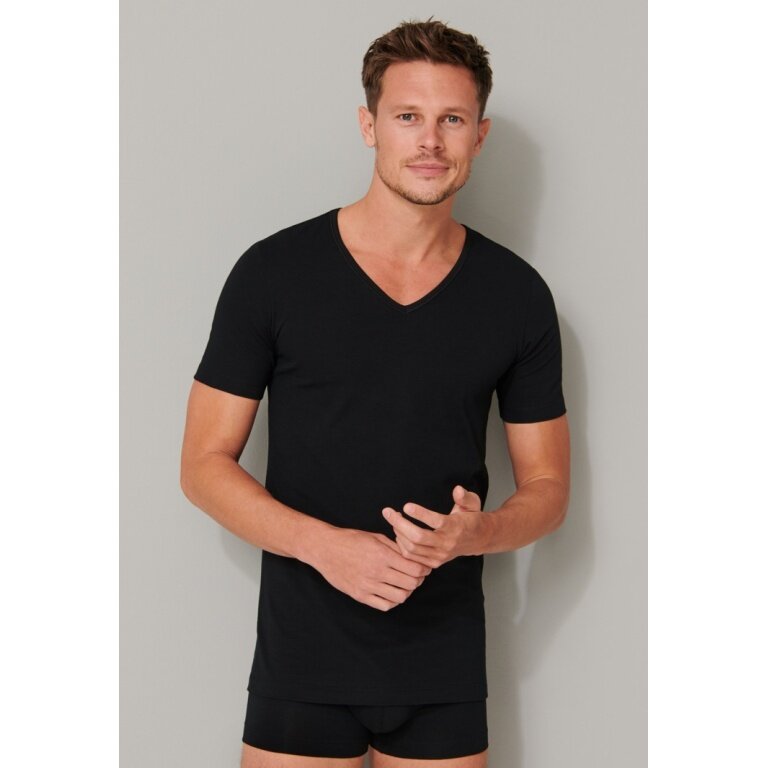Schiesser T-Shirt V-Neck 95/5 Short Sleeve (95% Cotton) Underwear Black Men - 2 Pack