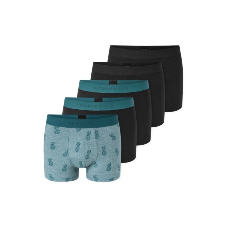 Schiesser Underwear Boxer Shorts 95/5 Organic Cotton Woven Elastic Waistband Black/Green Patterned Men's - 5 Pieces