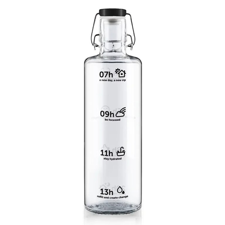 soulbottles drinking bottle stay hydrated glass (glass bottle, ceramic lid, stainless steel handle) 1 litre transparent