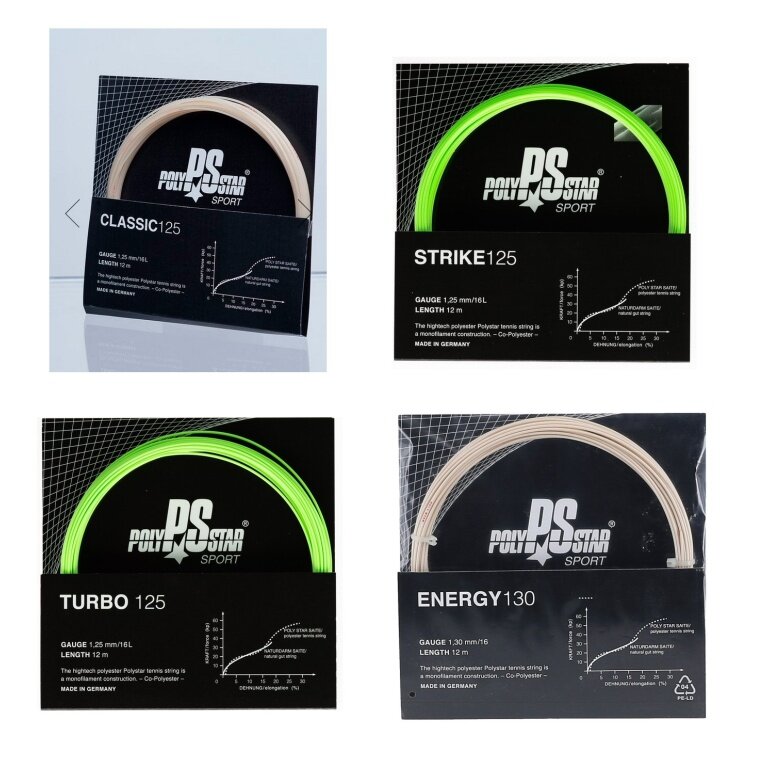 Polystar Tennis String TEST PACKAGE from Classic/Strike/Turbo/Energy natural/green 4x12m set