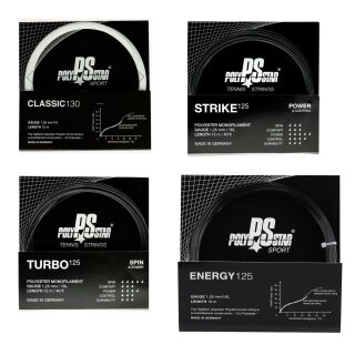 Polystar Tennis String TEST PACKAGE in Classic/Strike/Turbo/Energy white/black 4x12m Set