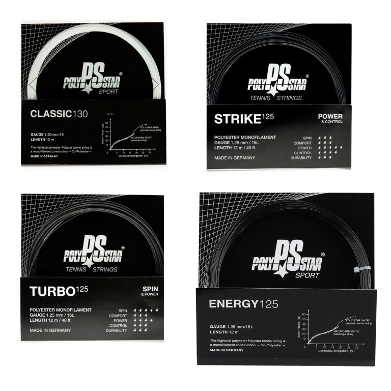 Polystar Tennis String TEST PACKAGE in Classic/Strike/Turbo/Energy white/black 4x12m Set