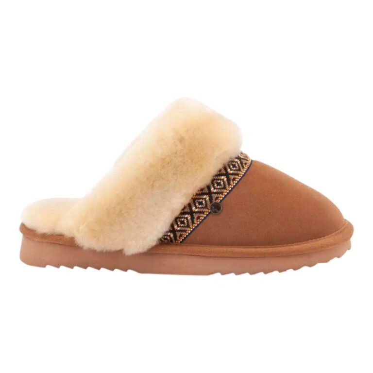 Warmbat slippers Flurry suede tape with merino sheepskin cognac brown ladies