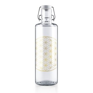 soulbottles Drinking Bottle Flower of Life Glass (Glass Bottle, Ceramic Lid, Stainless Steel Handle) 1 Litre Transparent